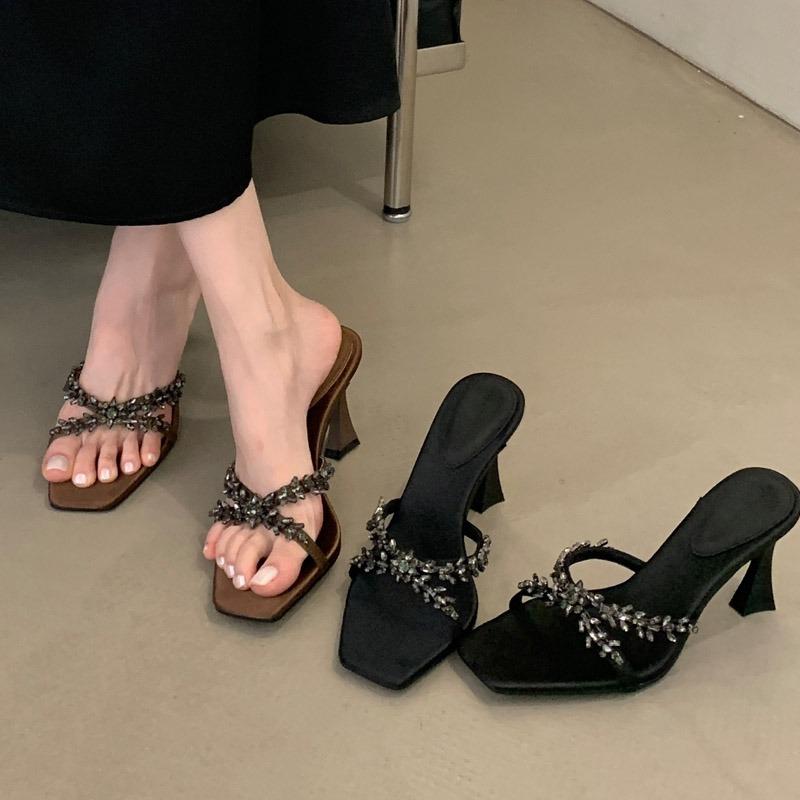 Eilyken Street Style CRYSTAL Narrow Band Slippers Woman Open Toe Thin High Heels Sandals Stripper Party Slides Shoes