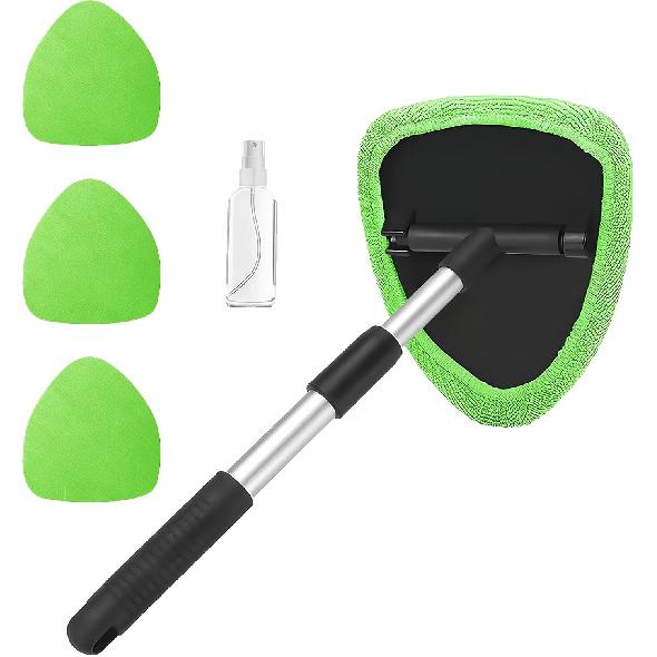 Car Window Cleaner, Car Cleanser Brush, Car Accessories Car Cleaning Supplies Tools, Car Cleaning Kit with Extendable Handle, Microfiber Cloth, Spray
