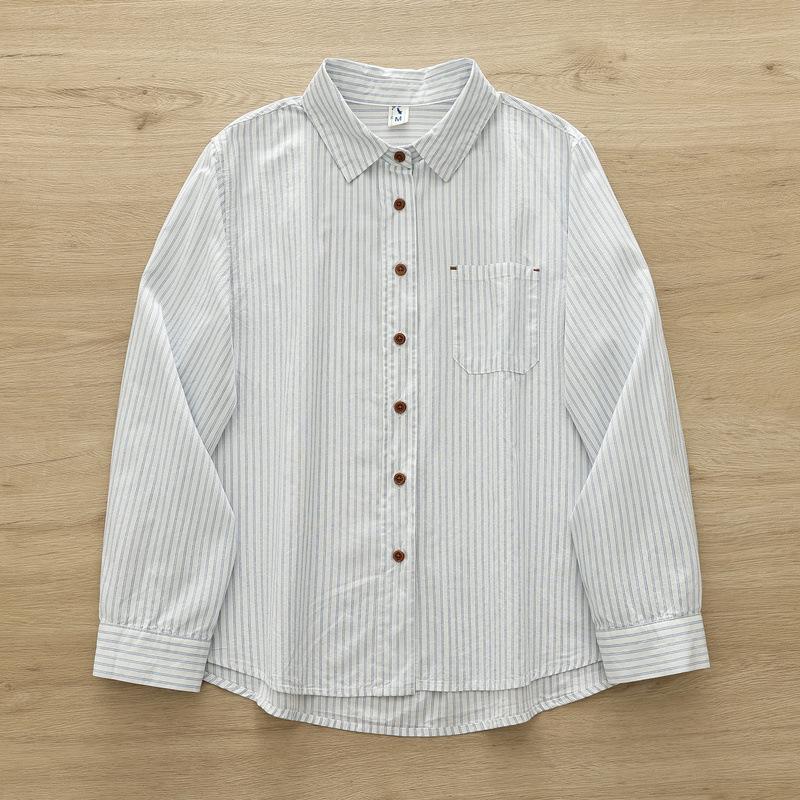 Autumn Women Striped Shirts Long Sleeve Pocket Embroidery Turn-Down Collar Office Lady Tops Loose Female Clothes