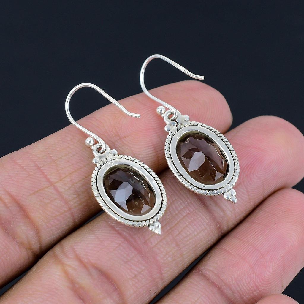 Pendientes de Gema de Cuarzo Ahumado Facetado Plata de Ley 925 Sólida Hechos a Mano Pendientes Colgantes Joyería Regalo Para Mujeres y Niñas