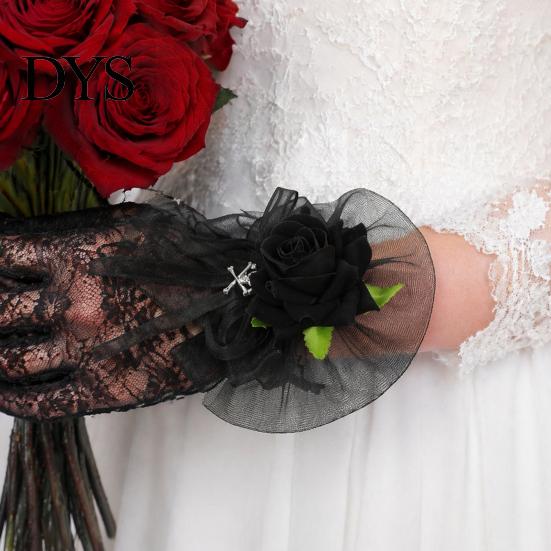 Artificial Rose Hand Flower Black Burgundy Tulle Mesh Corsage for Bridal Groom, Gothic Aesthetic Wristwear Women Boutonniere Wedding, Prom,