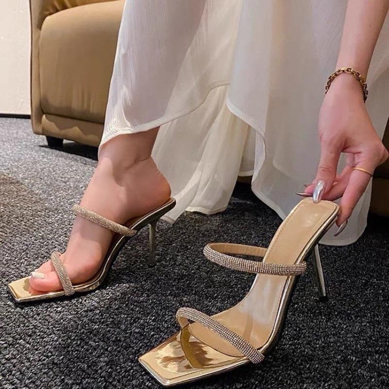 Fashion 2025 Open Toe Anti Slip Roman Sandals Summer New Rhinestone High Heels Sexy Stiletto Heels Square Toe Slippers Women