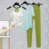 Women Dance Outfit Backless Crop Top High Waist Leggings 2Pcs Set Stage Performance
