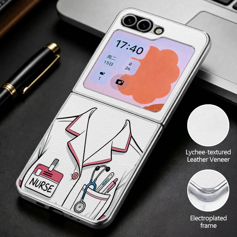 Cute Nurse Uniform Print Case For Samsung Z Flip 8 7 6 5 Luxury Plating Leather Skin Folding Phone Cover For Galaxy Z Flip8 Flip7 Flip6