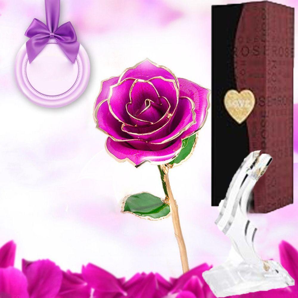 With Bracket Long Stem Gold Foil Trim Rose Flower 24K Gold Plated Rose Flower  Women Men