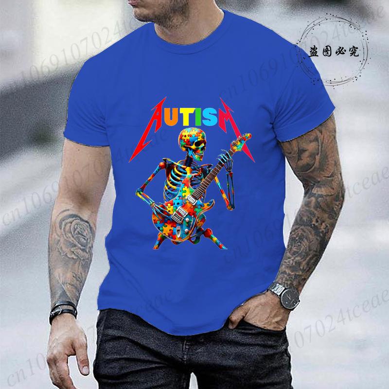 Autism Skeleton Guitar Player Rock Music Autism Awareness Shirt Fashion Tshirt for Men Tops Summer Casual Mens Tshirt Clothing S
