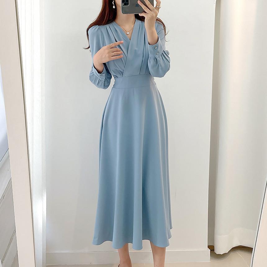 Harajuku V-neck Puff Sleeve A-line Maxi Dresses for Woman Women Solid Color Midi Robe Korean Office Dresses Elegant Spring 2023