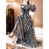 Mature Zebra Print Elegant Long Dress - Unique, Fashionable, Waist-Cinching