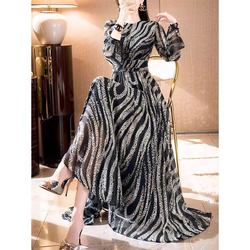 Mature Zebra Print Elegant Long Dress - Unique, Fashionable, Waist-Cinching