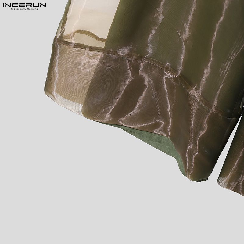 INCERUN Mens Sheer Patchwork Trousers See Through Mesh Organza Loose Party Clubwear Wide Leg Pants