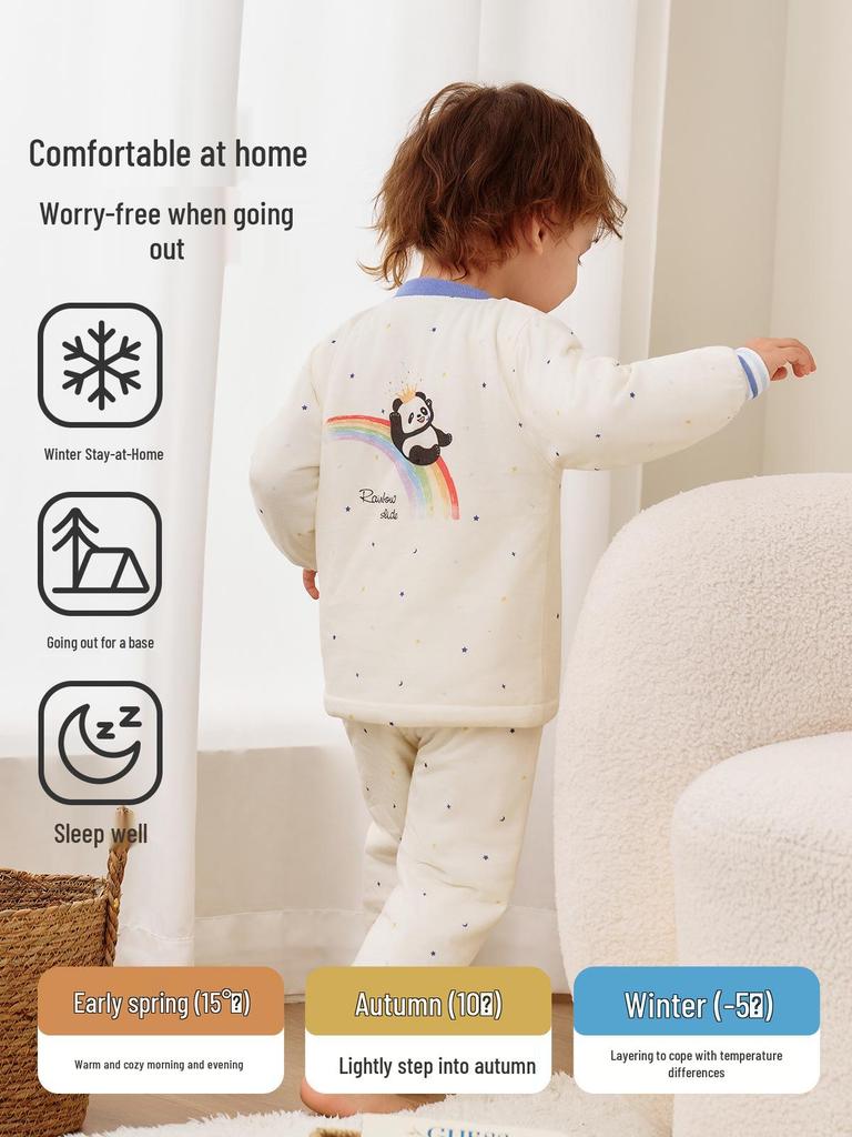 Jingqi Pikowany Bawełniany Dziecięcy Zestaw Piżamowy z Wysokim Stanem i Ochroną Brzuszka - Ciepła, Regulująca Temperaturę Odzież Domowa na Jesień i Zimę