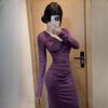 Autumn Winter New French Style Long Dress Deep V-neck LaAe Splicing Belted Waist Long Sleeve Slim Fit Dress For Women