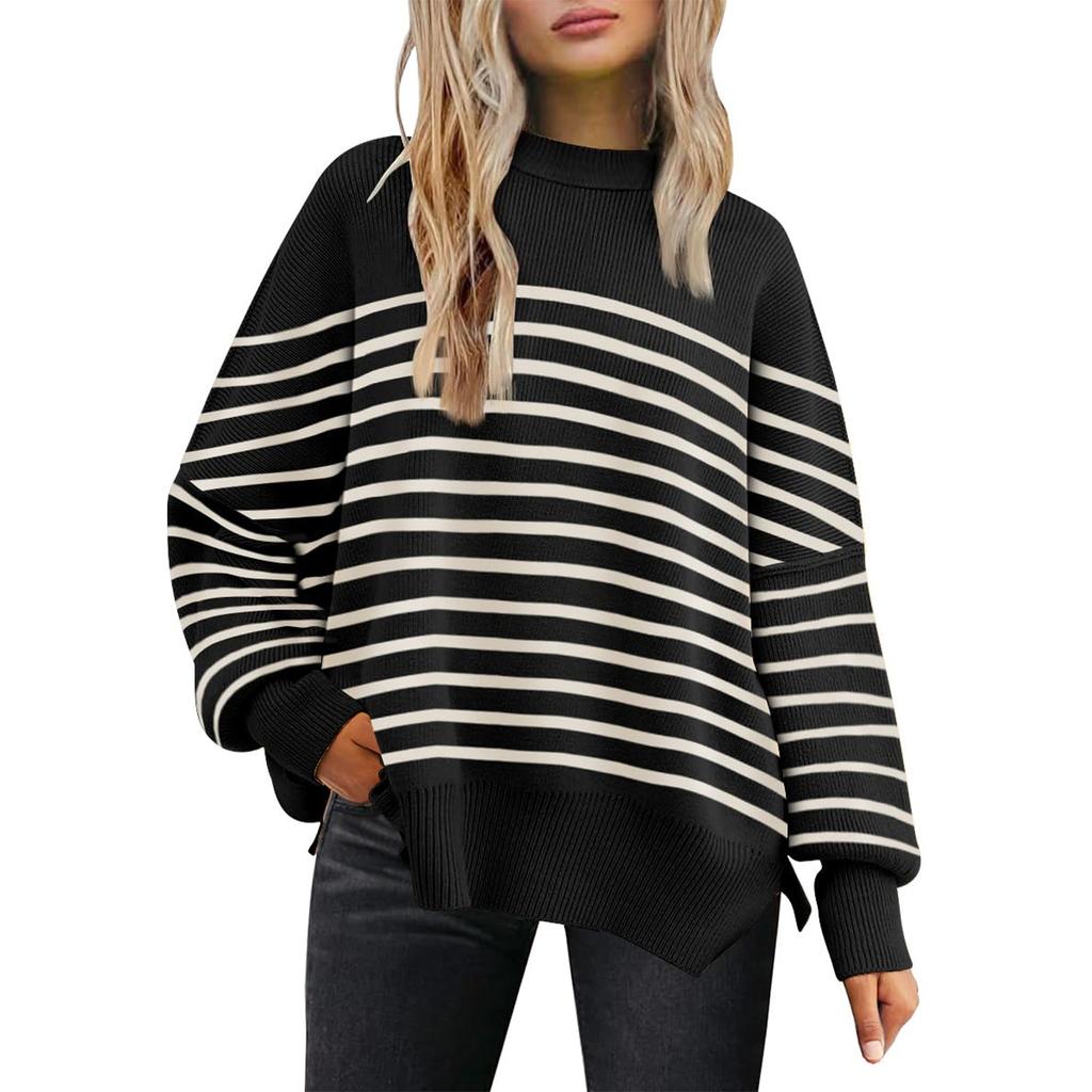 Women's Fashion Round Neck Long Sleeve Sweater Knitted Side Slit Pullover