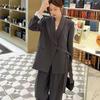 Women Suit Coat Lapel Long Sleeve Side Button Lace-up Suit Jacket Solid Color Loose Fit Pockets Business Outwear