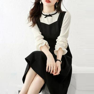 Elegant A-line Dress for Women Casual Vintage Slim Long-sleeved Dress Black Spring Autumn Lady Clothing Plus Size