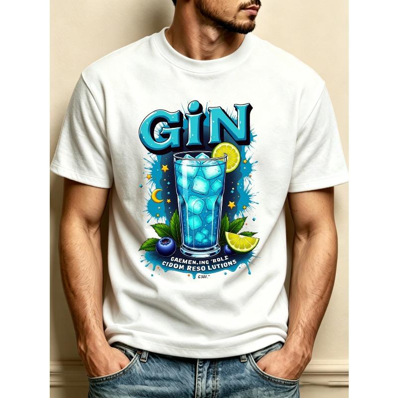 T-shirt da Uomo Taglia Europea Gin Cocktail con Limone & Stampa - Maglietta Casual Girocollo Adatta per Regalo agli Amanti del Gin, da Indossare Tutto l'Anno per Feste