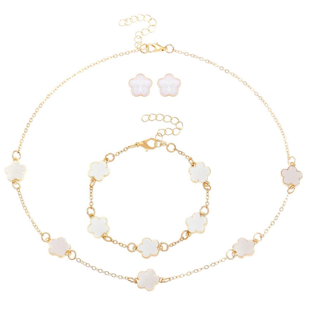 Koreaanse Stijl 4-delige Sieradenset: Bloemenarmband, Ring, Oorbellen met Stud & Klavertje Vier Ketting