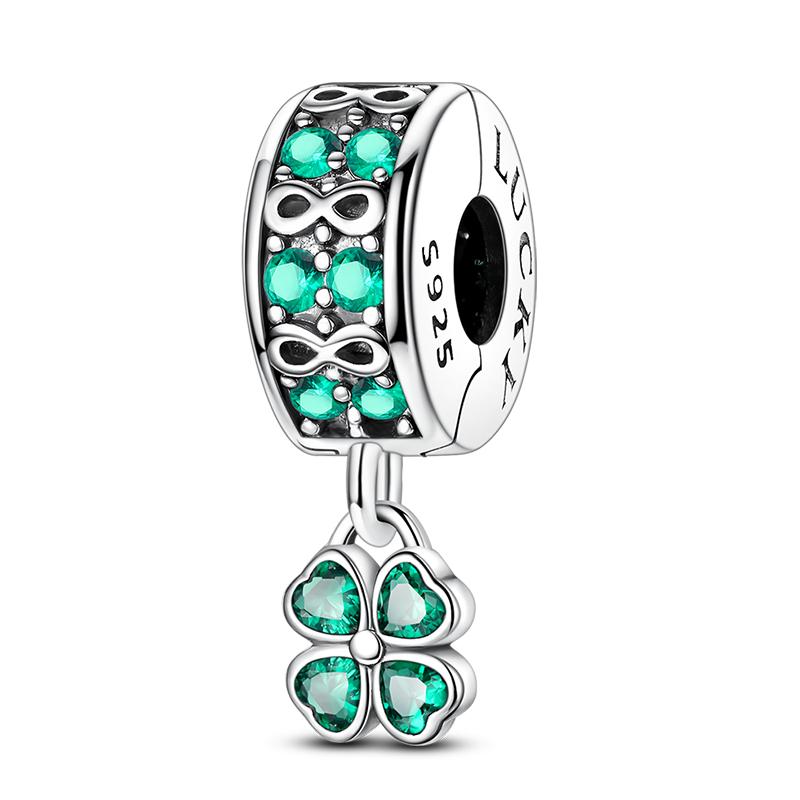 925 Silver Green St Patricks Clover Pendant DIY Charm Beads for Original Bangle Charms Bracelet Women Jewelry