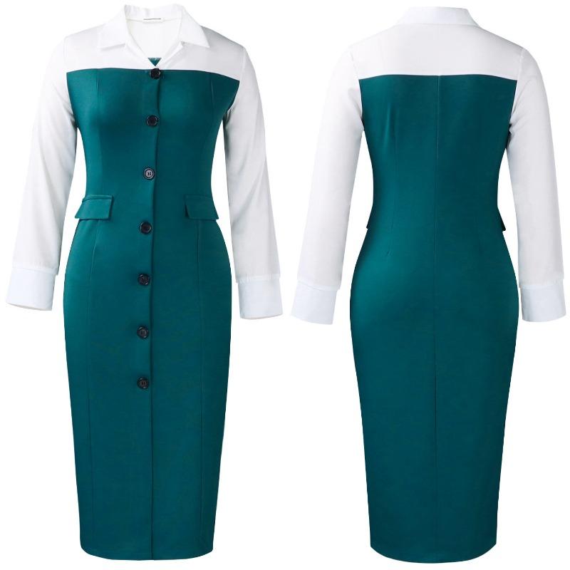 Women Elegant Business Long Sleeve Blazer Collar Patchwork Pencil Midi Dress