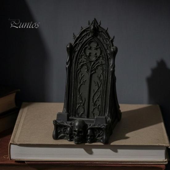Cell Phone Stand for Desk 3D Printed Gothic Window Stand, Vintage Skull Vine Relief Organizer, Niche Dark Style Gift Academia Holder Phones,