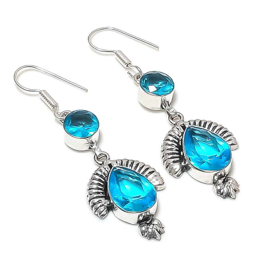 Natural Swiss Blue Topaz Gemstone 925 Sterling Silver Earring 2.29" c7F96