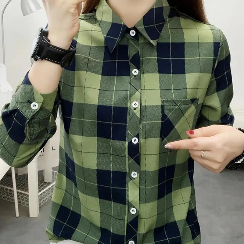 Women Shirt Long Sleeve All Match Single-breasted Casual Soft Dressing Up Polyester Plaid Print Women Shirt Top Female Clothing