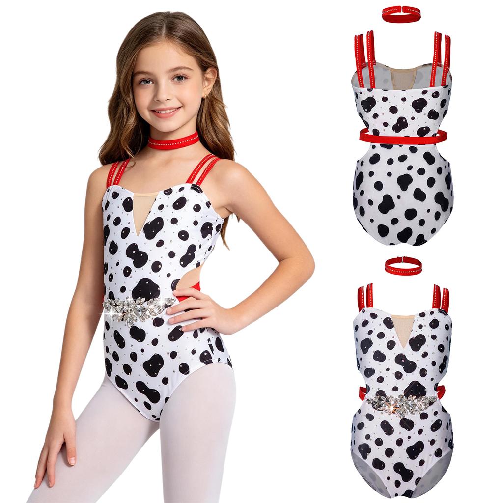 Costume de Dalmatien pour Filles Manches Courtes Double Bretelles Découpe à la Taille Maillot de Bain Scintillant Strass avec Collier pour Spectacle de Danse