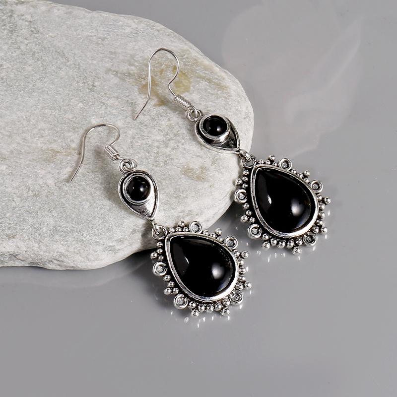 Vintage Black Stone Drop Earring Jewelry Geometric Triangle Hollow Ear Jewelry For Women Girls