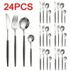 24Pcs Black Handle Gold Cutlery Set of Spoons and Forks, Stainless Steel Utensils for Daily and Festival Use Tea Spoon DCS006