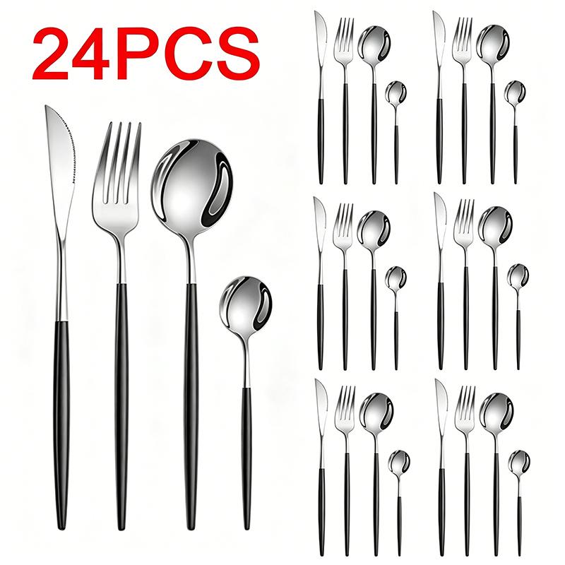 24Pcs Black Handle Gold Cutlery Set of Spoons and Forks, Stainless Steel Utensils for Daily and Festival Use Tea Spoon DCS006