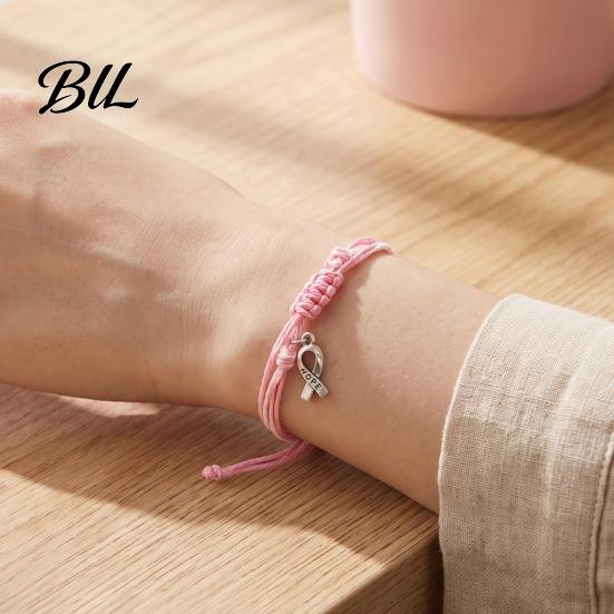 Adjustable Braided Bracelet Breast Cancer Awareness for Women, Woven String with Lightweight Daily Wear Wristband Ribbon Charm, Handmade Rope Survivor