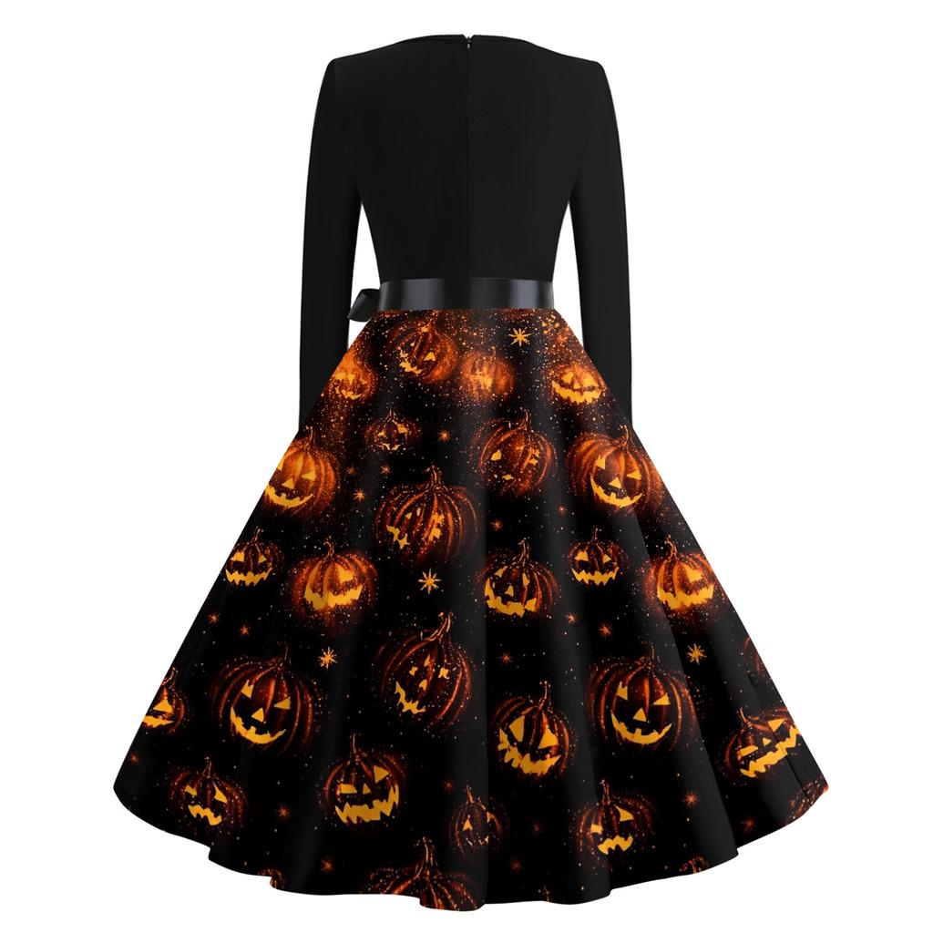 Women's Vintage Halloween Print Round Neck Casual Dress for Everyday Wear
