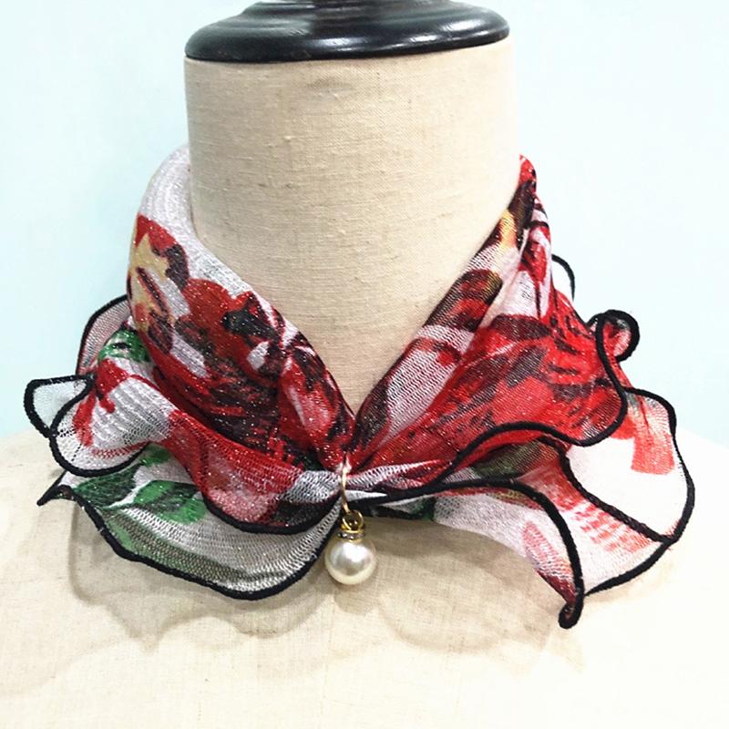Fake Pearl Pendant Organza Neck Collar Chiffon Scarves Lace Pearls Scarf Fashion Print Shiny Variety Scarf Clothing Accessories