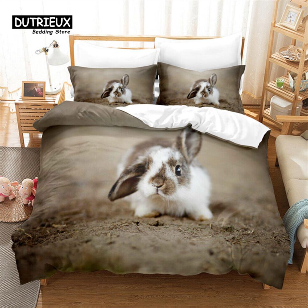 Bunnies Duvet Cover Mushroom Floral Bedding Set Cute Animal Rabbit Quilt Cover Twin Size Greetings and Presents for Easter Day