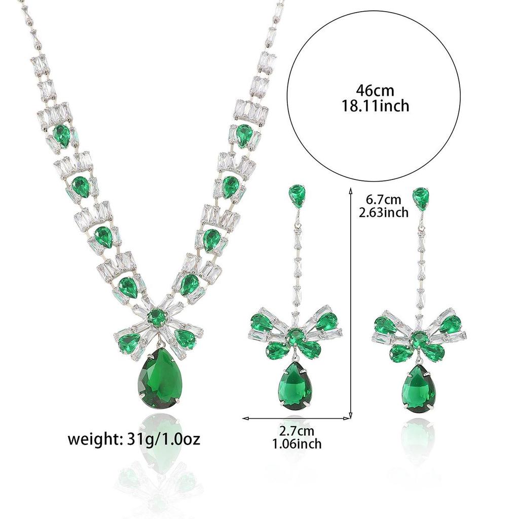 European and American Style Zircon Emerald Necklace and Earrings Set - Plum Blossom Design Clavicle Chain