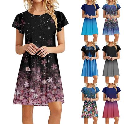 Women's Summer Vintage Print Loose Crewneck Peplum Short-sleeved Dress