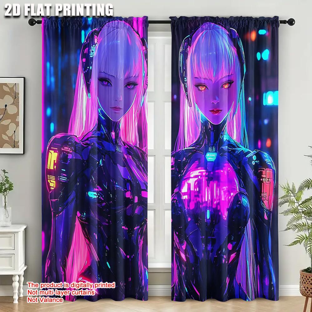 2pcs   Curtain Set  plane printing Vibrant Cyberpunk Anime Girl Durable 100% Polyester Fabric (without rod) Holiday Ldeal for