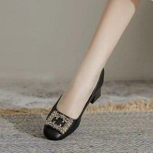 High Sense Fashion Thick Heel Single Shoes Women's 2025 Autumn Rhinestone Medium Heel Light Mouth Laden Shoes French Professional High Heels