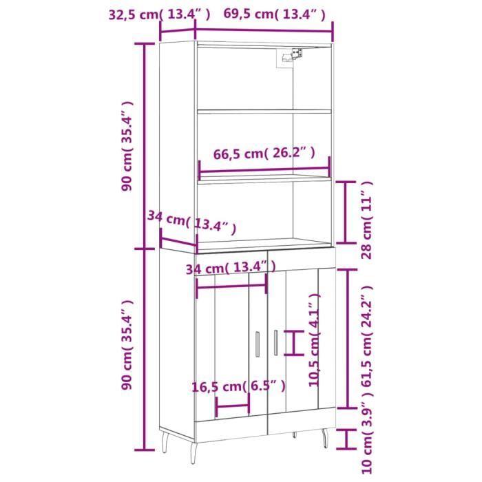 VidaXL Buffet haut Noir 69,5x34x180 cm Bois d'ingénierie 3189334
