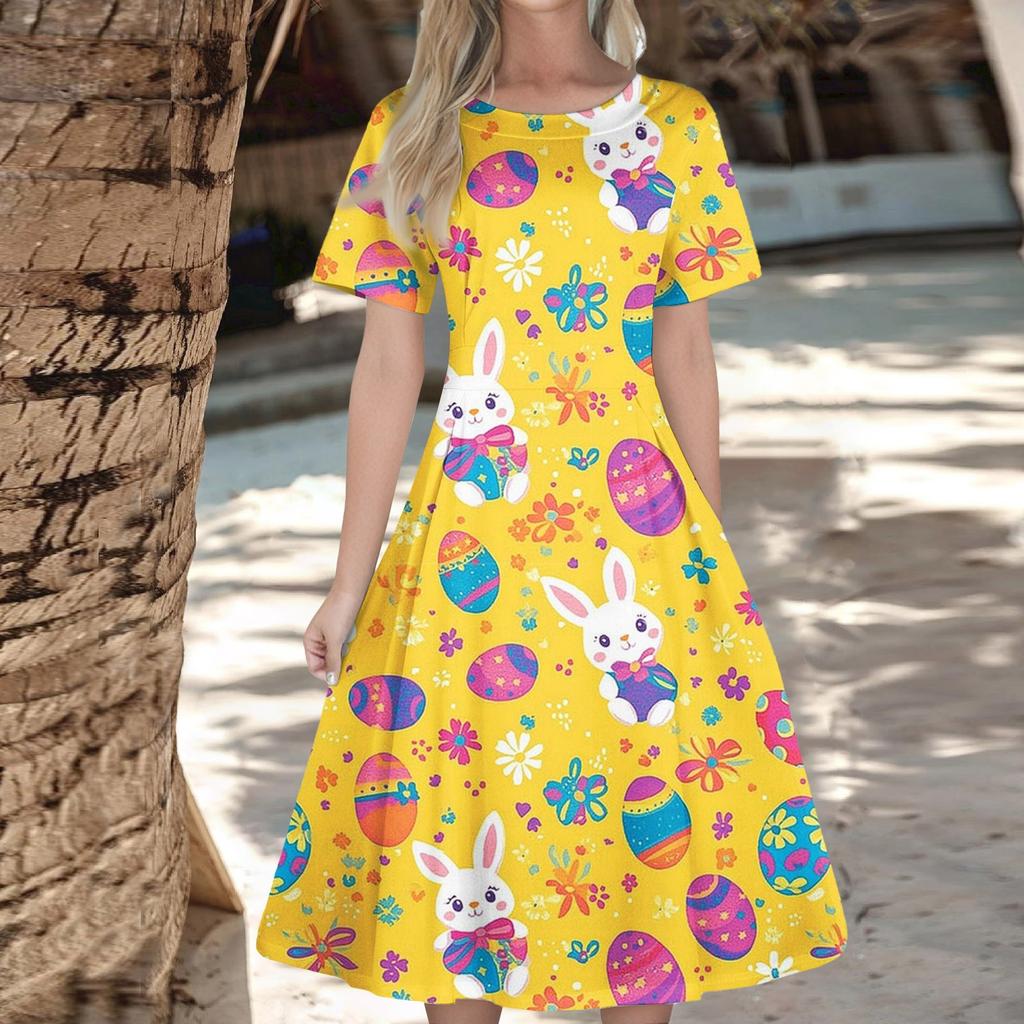 Women's Casual Fashion  Dress Easter Printed Round Short Sleeve Waisted Mid-Length Swing Dress (with Zipper)