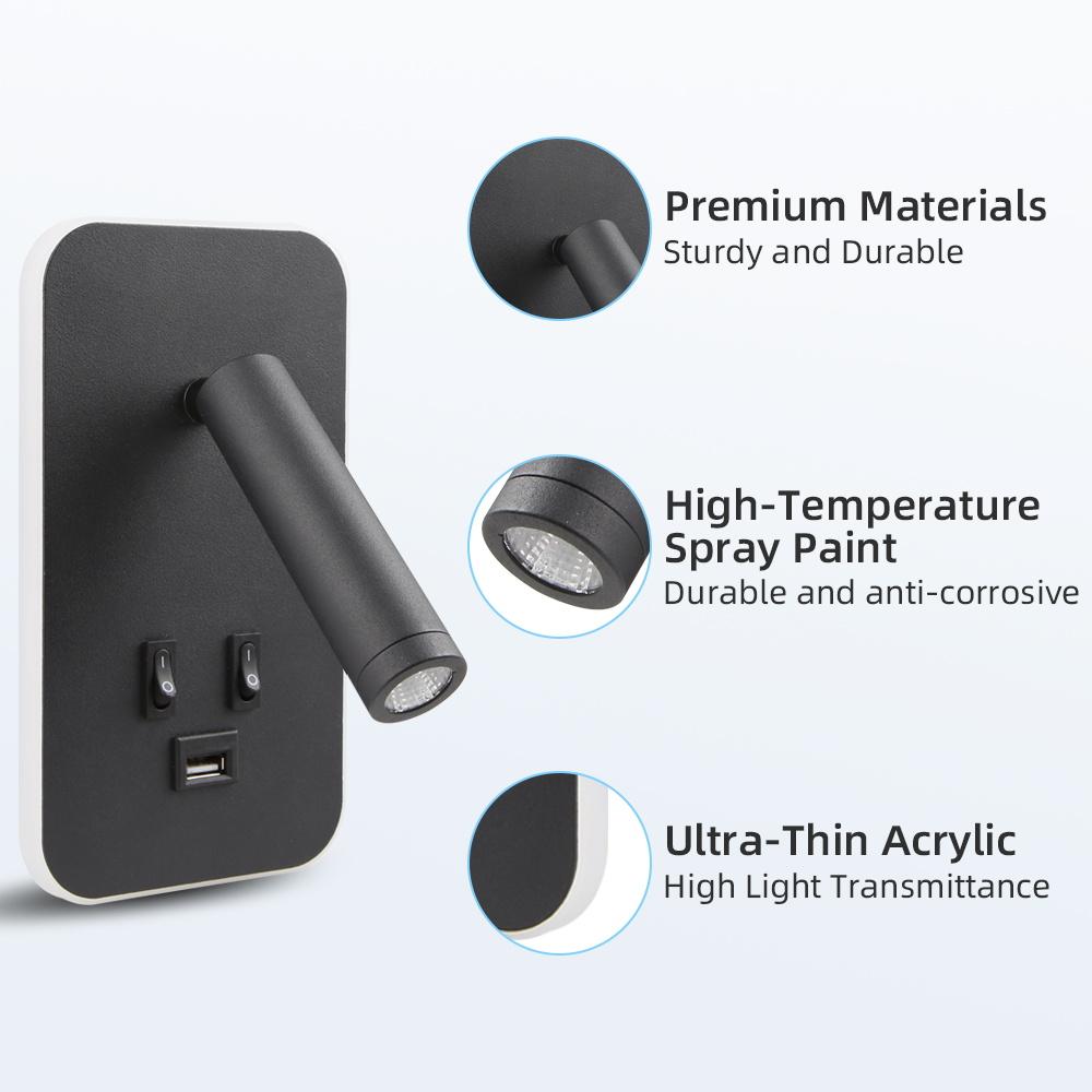 Bedside Wall Lamp with USB Switch Charging Port LED Rotation Reading Light Wall Mounted Spotlight Bedroom Bedside Corridor Decor