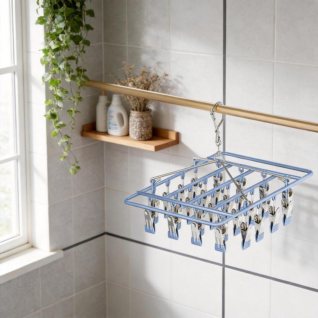 Rotatable Stainless Steel Clothes Drying Rack with 18 Windproof Rubber-Coated Clips for Socks and Underwear