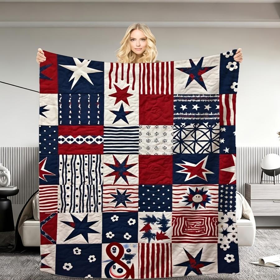 1pc Patriotic Geometric Patchwork Flannel Blanket Red White Navy Star & Stripe Quilt Design Weighted Throw Usable Year-round Summer Cooling Blanket