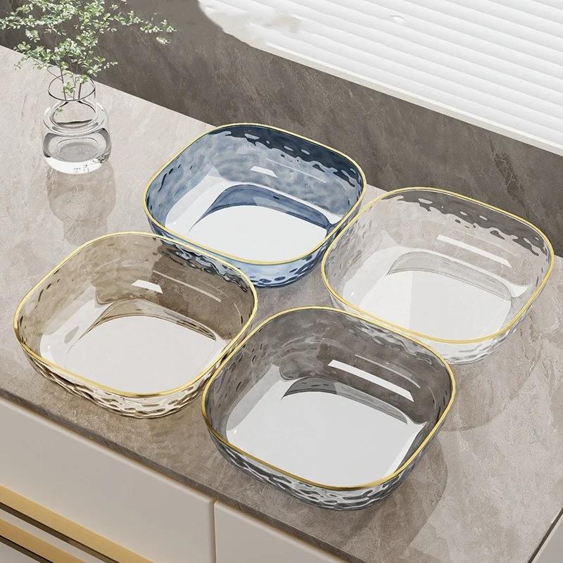 JUSTINLAU Transparent Fruit Snack Plate Multifunction Salad Dessert Biscuit Bowl with Golden Rim Home Desktop Food Storage Tray