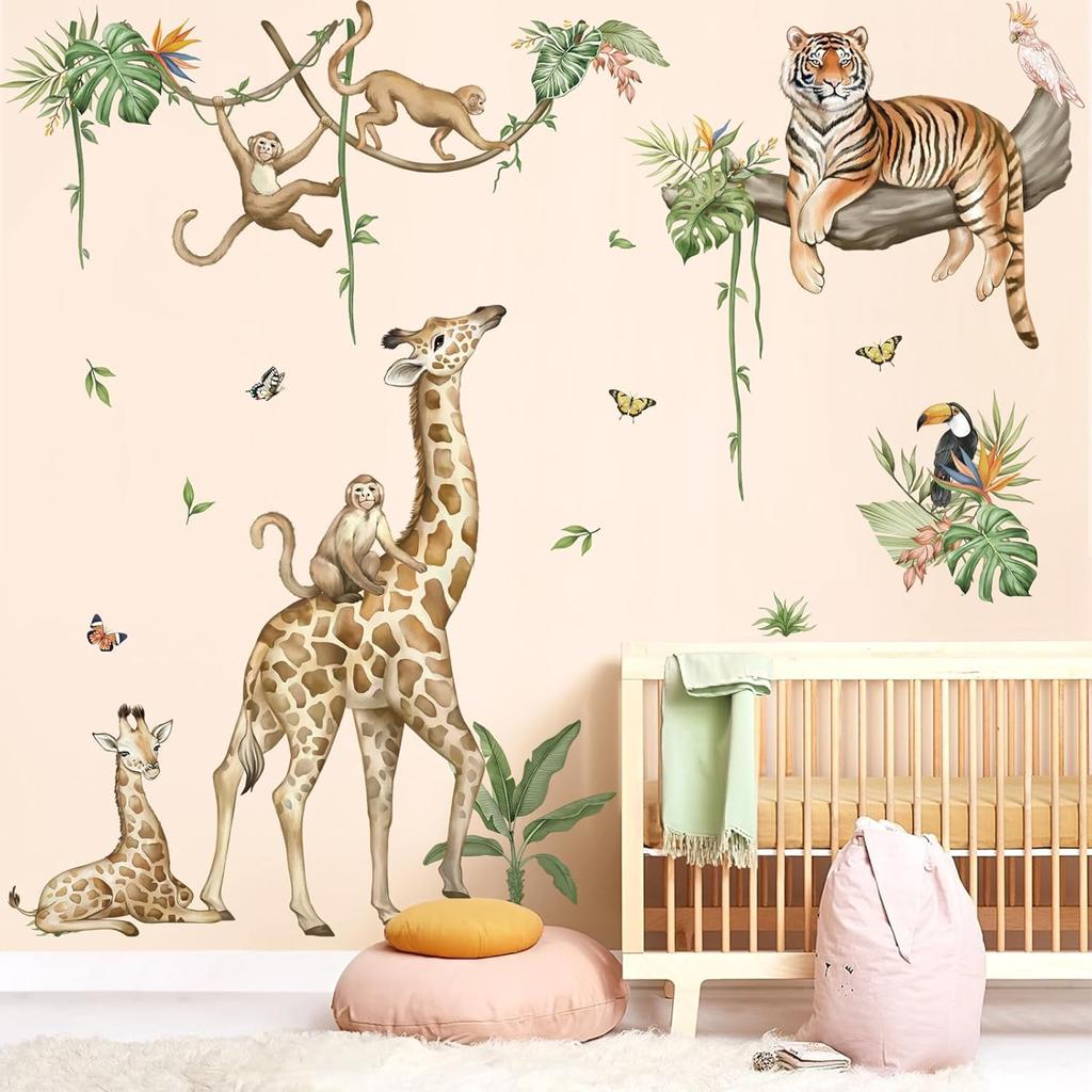 wondever Large Jungle Animal Tree Branch Wall Stickers Safari Giraffe Tiger Monkey Peel and Stick Wall Art Decals for Baby Nursery Kids Bedroom
