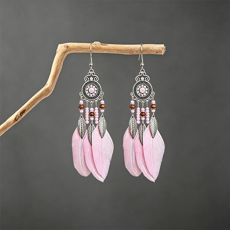 Vintage Bohemian Feather Tassel Earrings Exaggerated Ethnic Vacation Dangle Ear Jewelry Fashion Accessories For Women