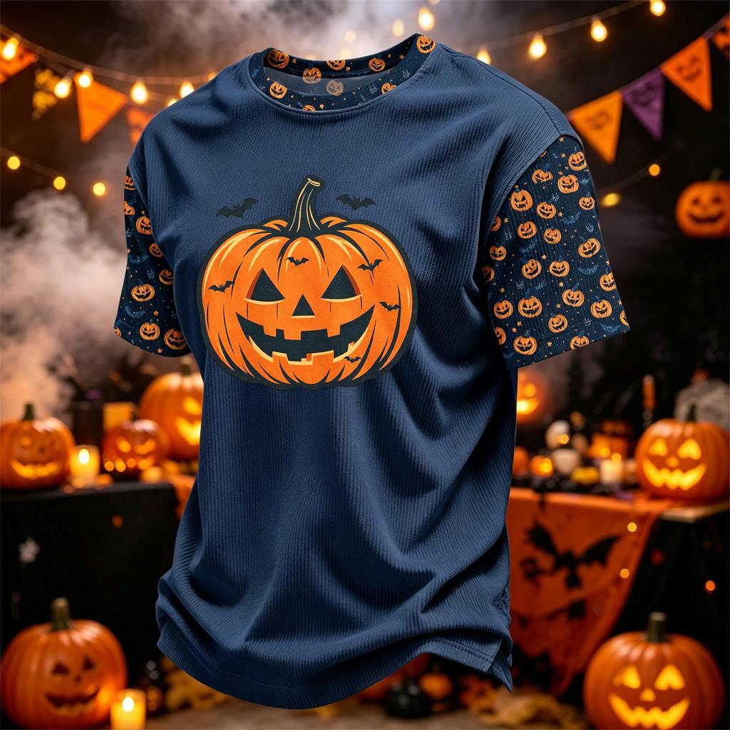 Herren Freizeit Corduroy Kurzarm Rundhals Leicht Atmungsaktiv T-Shirt mit Halloween Kürbis Print Design Bequeme Passform
