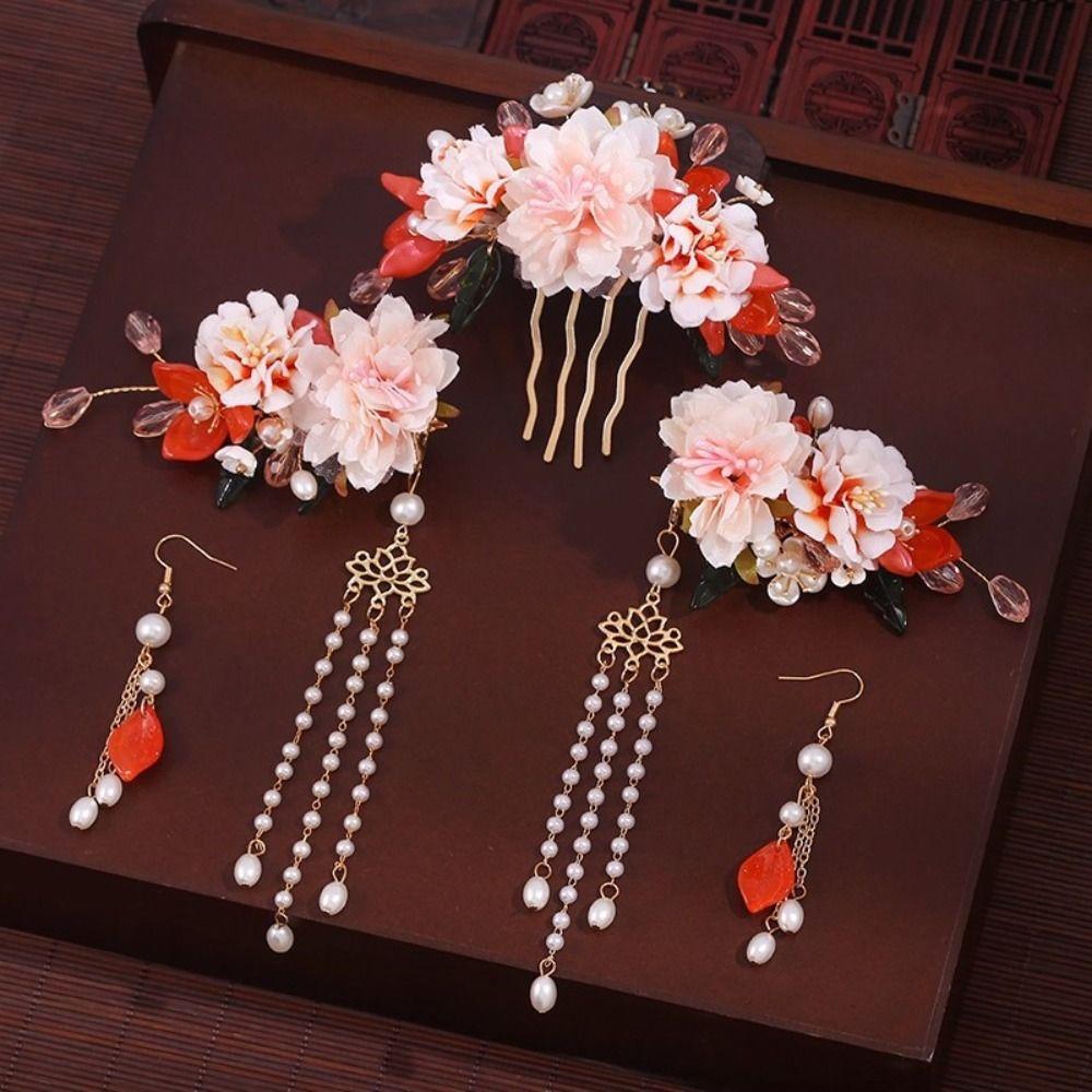 Boucle d'oreille Épingle à cheveux Style Chinois Ensemble Gland Fleur Peigne à cheveux Rétro Hanfu Bâton à cheveux Cheongsam