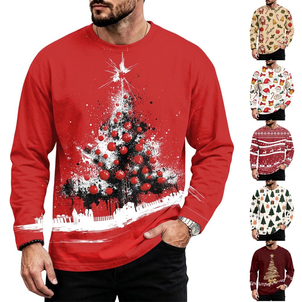 Men's Big Size Loose Fit Long Sleeve Neck T-Shirt with Christmas Print for Winter
