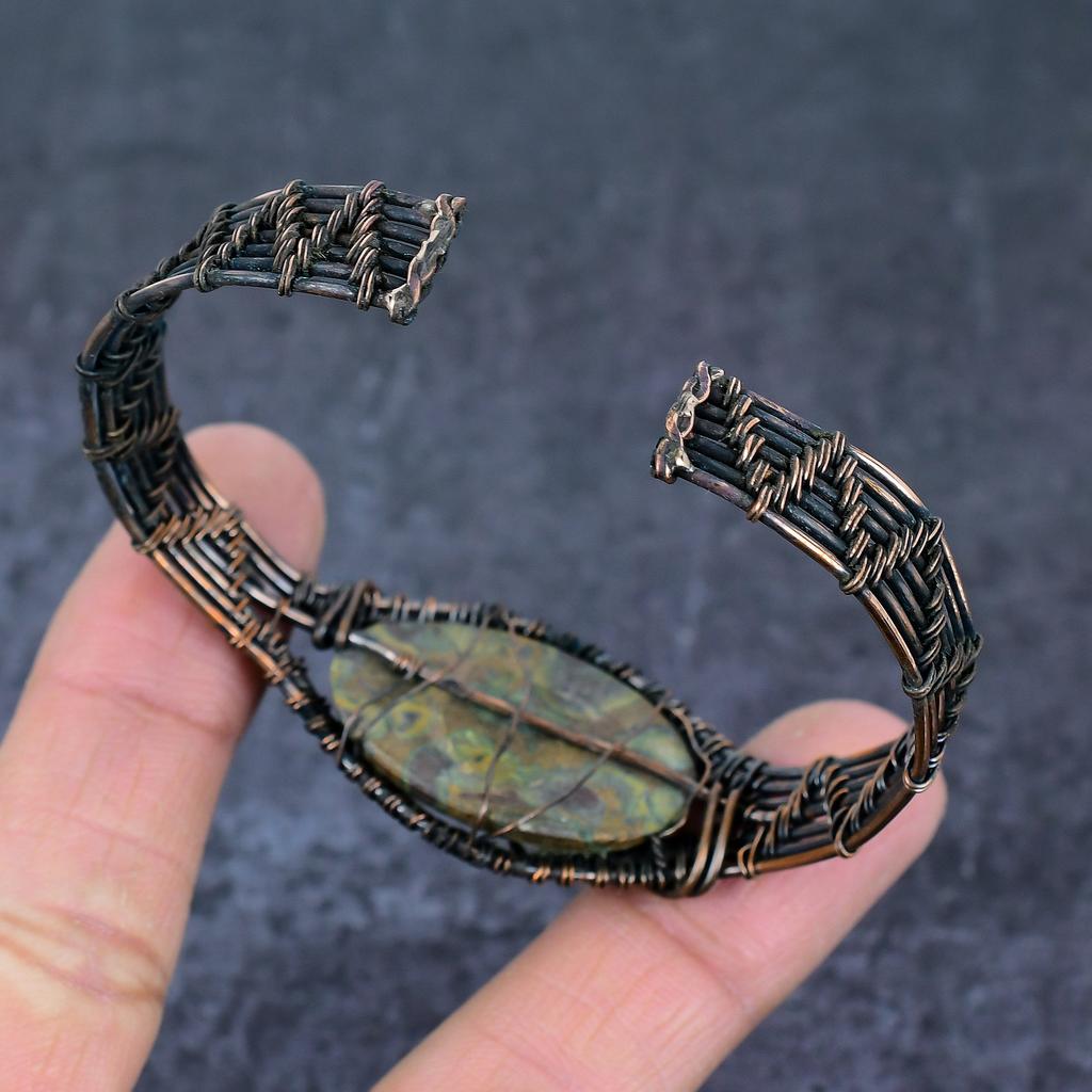 Piatră prețioasă Jasp de Fructe Natural, Manșetă Bratara Reglabilă, Înfășurată cu Sârmă de Cupru c3c33